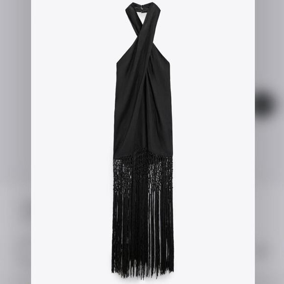 Zara Black LINEN DRESS WITH FRINGE Size Large - Picture 13 of 16
